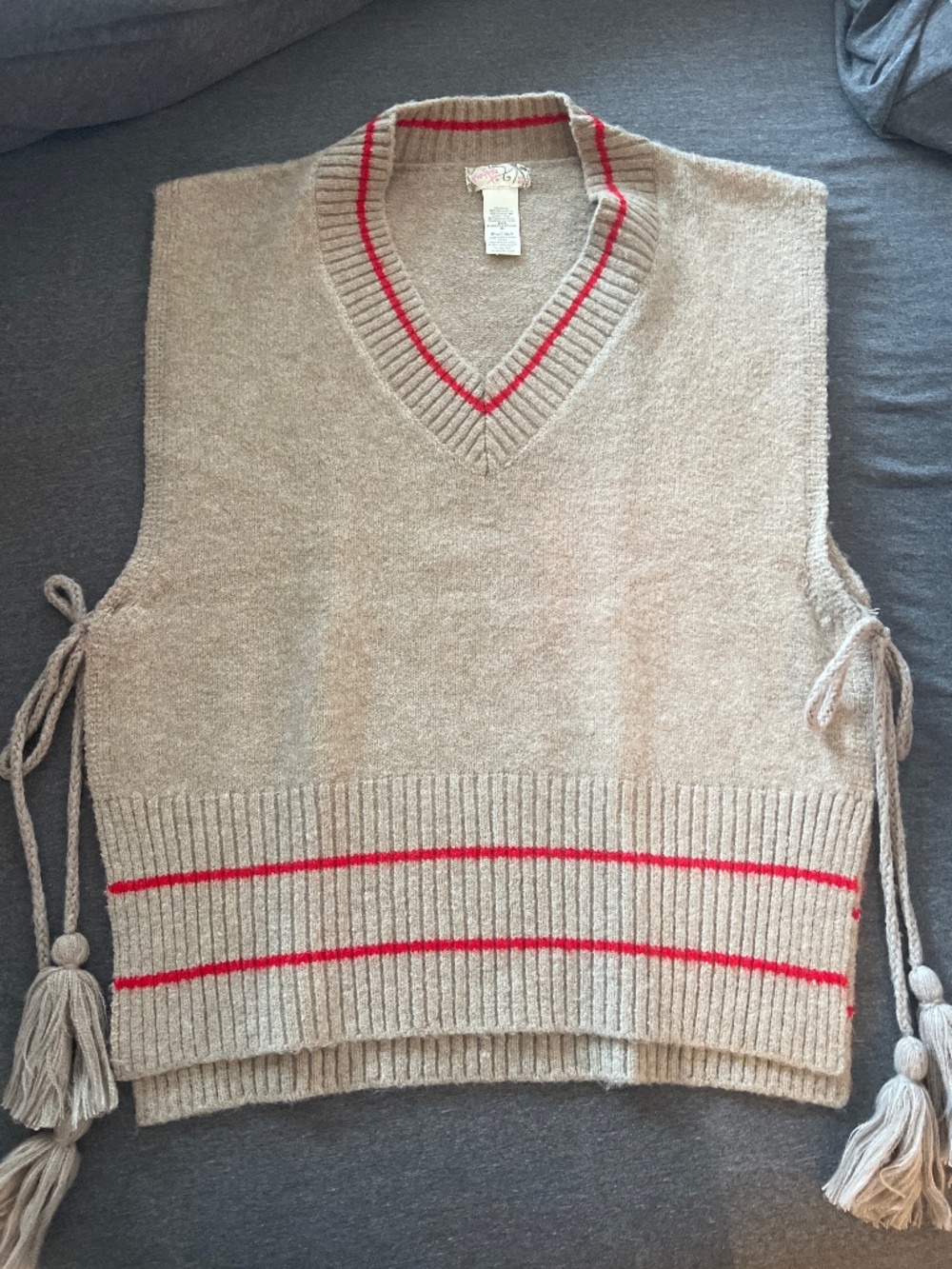 Free People Premium Knit Poncho – Beige & Red Boho Chic